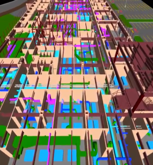 BIM model of hospital showing mechanical pipe, electrical, structural, and architectural design