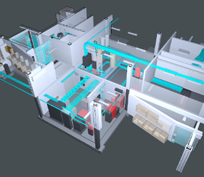 Ceiling view of BIM model showing electrical equipment