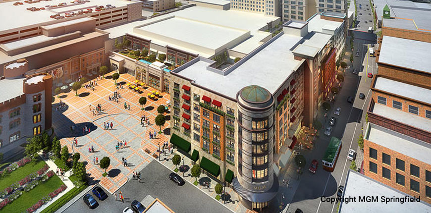 Sky view rendering of the hotel, casino, and entertainment complex of the MGM Springfield, MA.