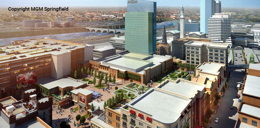 Sky view rendering of the MGM Springfield Resort in Springfield, MA.