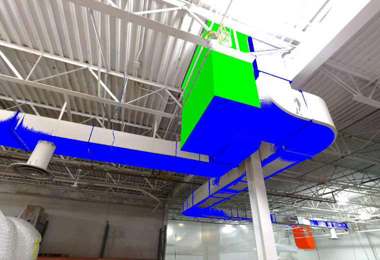 BIM model of ductwork layered into a 3d scan created by DJM Design CAD & Coordination with a Faro 3D laser scanner