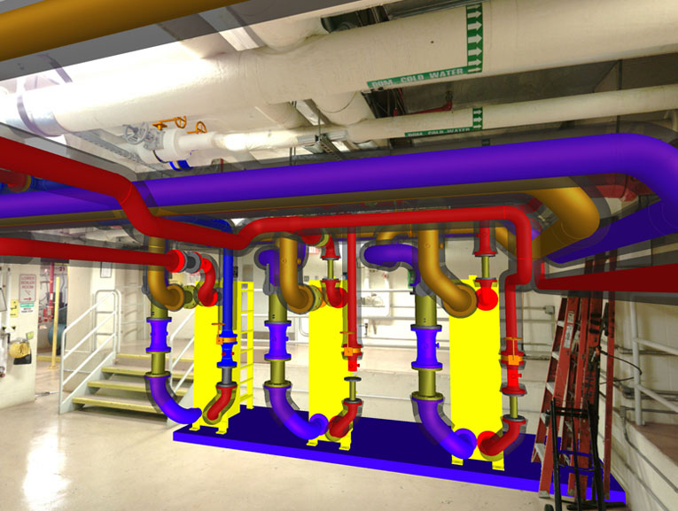 3D scan with mechanical pipe BIM layered over it by DJM Design CAD & Coordination